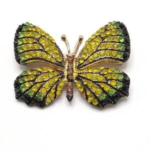 Vintage Butterfly Brooch Yellow Green Black Rhinestones Gold Tone Insect Pin